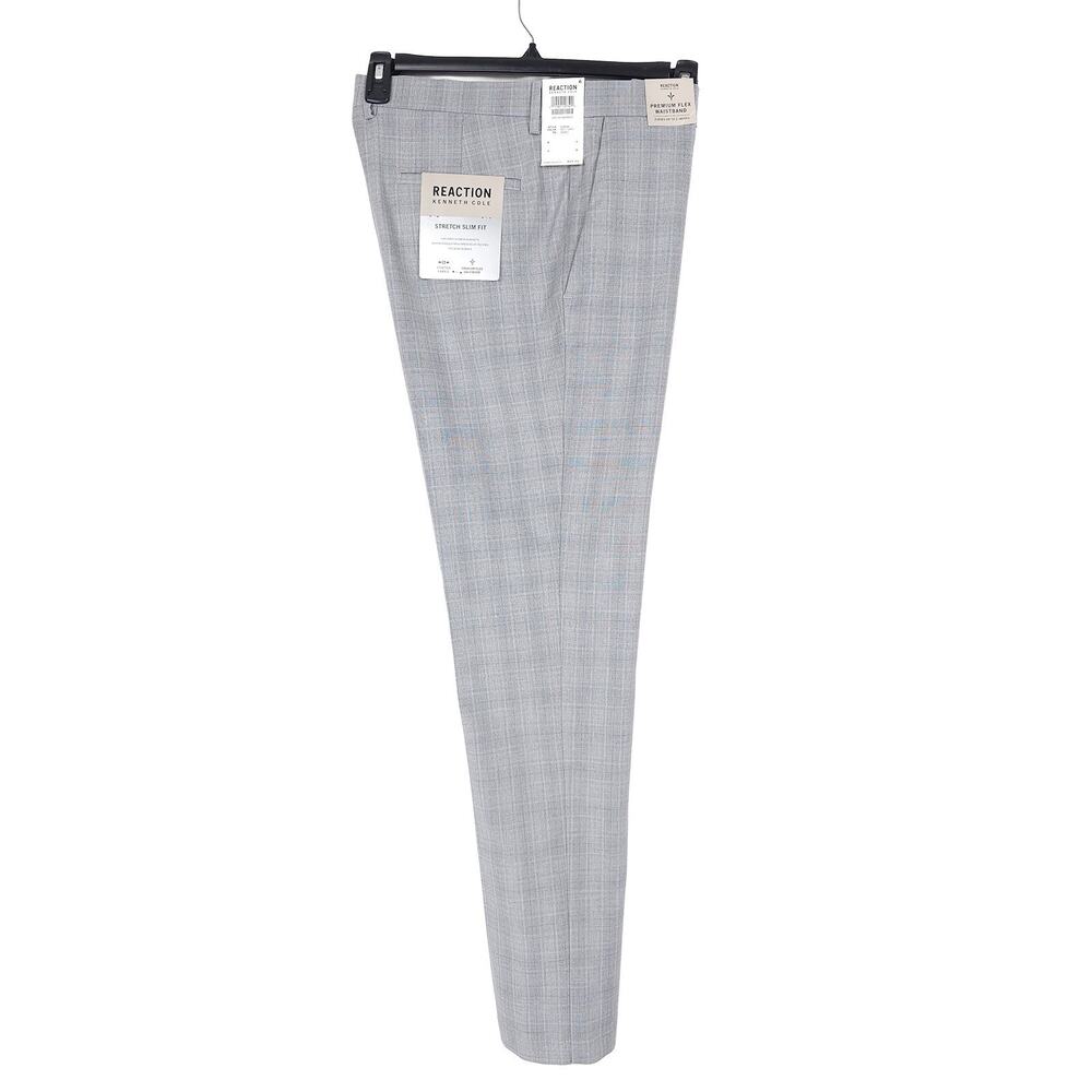 Kenneth Cole Reaction Mens Slim Fit Dress Pants 34x32 Light Grey Plaid Stretch - Picture 3 of 13